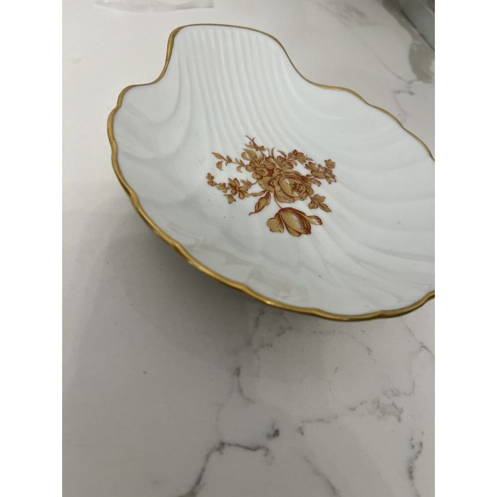 Limoges France Trinket Dish Porcelain Seashell Candy Gold Trim Leaf Floral Vtg